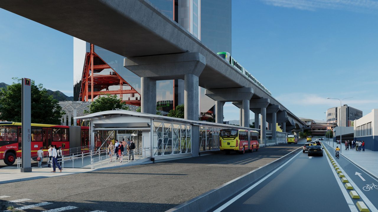 Render ilustrativo de la estación de TransMilenio integrada con la Primera Línea del Metro de Bogotá.