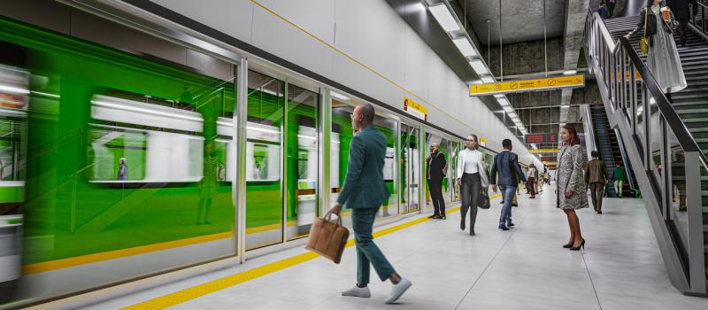 Render de una persona esperando el tren en la Línea 2 del Metro de Bogotá